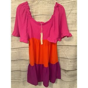NEW Women’s She + Sky color-block Tiered Ruffle Dress Hot Pink, Orange, Purple S